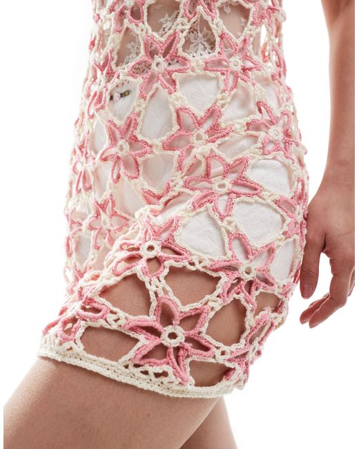 Reclaimed (vintage) Pink Limited Edition Floral Crochet Knit Mini Dress With Hem