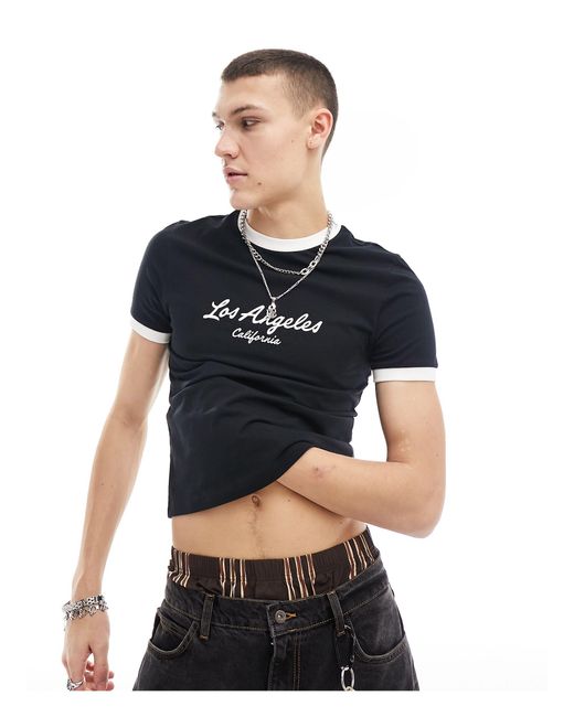 ASOS Black Muscle Fit Cropped Ringer T-shirt for men