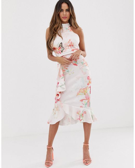 Lipsy Multicolor High Neck Bodycon Midi Dress With Frill Detail In Floral Print