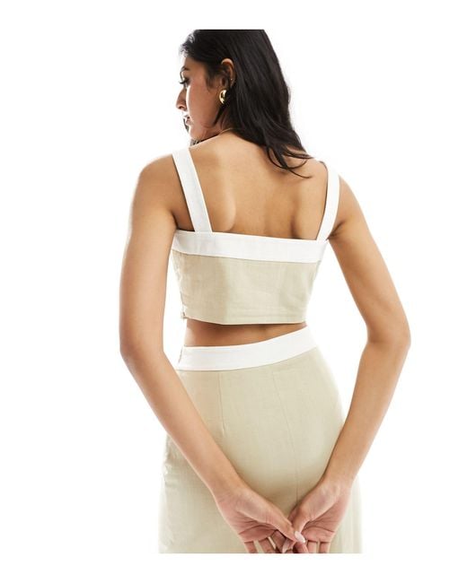 4th & Reckless White Linen Look Contrast Trim Cami Crop Top Co-ord