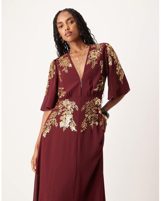 Hope & Ivy Red V-neck Embellished Maxi Dress