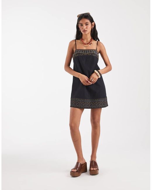Free People Black Sunspell Boho Embroidered Mini Dress