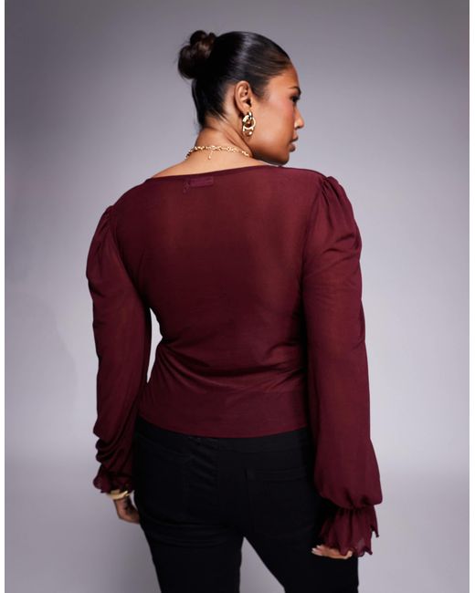 ASOS Red Asos Design Curve Semi Sheer Long Sleeve V-neck Top