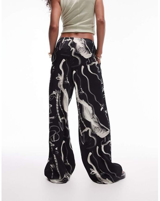 TOPSHOP White Resort Print Satin Wide Leg Trouser