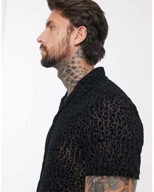 BoohooMAN Black Sheer Flocked Leopard Shirt Sleeve Shirt for men