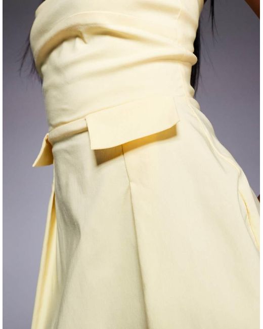 Vesper Natural Bengaline Bandeau Pleat Front Pocket Detail Mini Dress