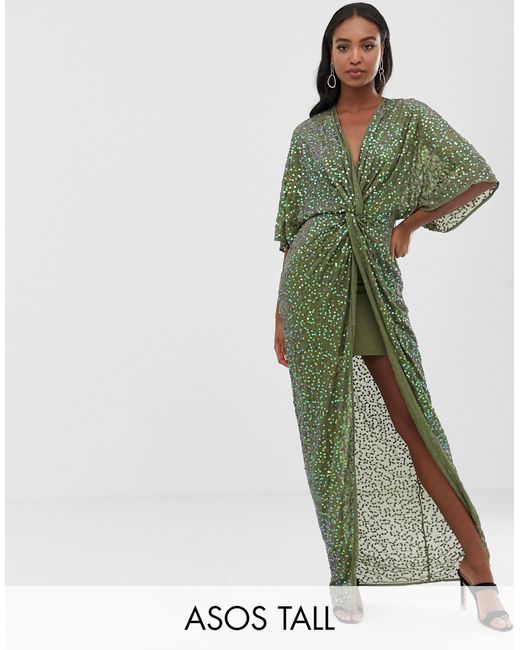 ASOS Green Asos Design Tall Scatter Sequin Knot Front Kimono Maxi Dress