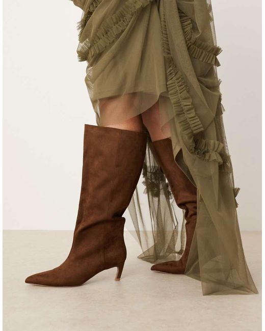 ASOS Green Curve Carmel Pull-on Kitten Heeled Knee Boots