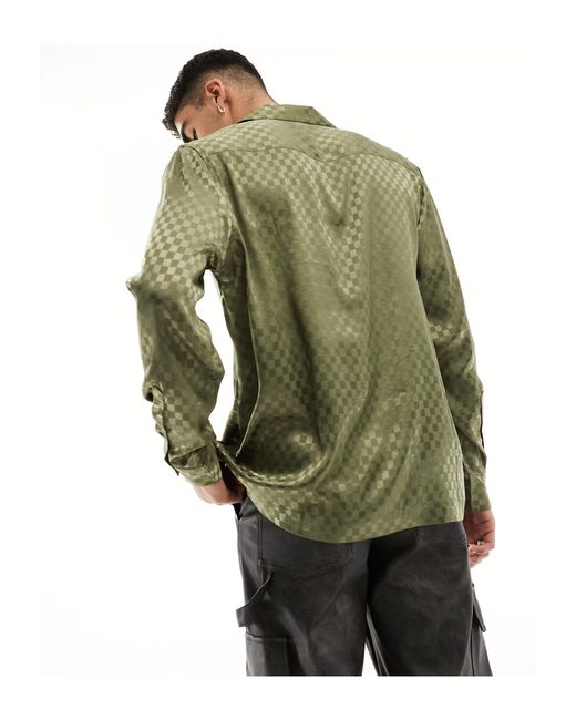 ASOS Green Relaxed Fit Deep Revere Collar Checkerboard Satin Jacquard Shirt for men