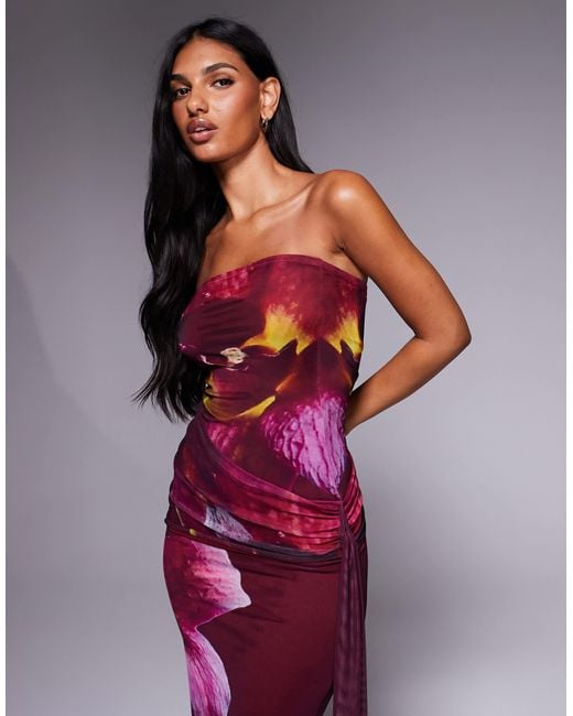 Kaiia Purple Exclusive Double Layered Slinky Mesh Bandeau Tie Side Drape Detail Maxi Dress