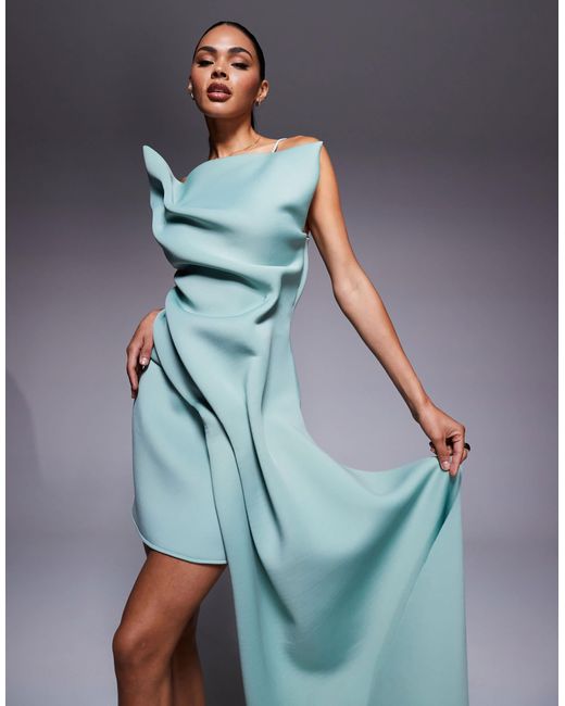 Robe courte en imitation néoprène à épaules dénudées et plis structurés avec détail façon ceinture - sauge ASOS en coloris Blue