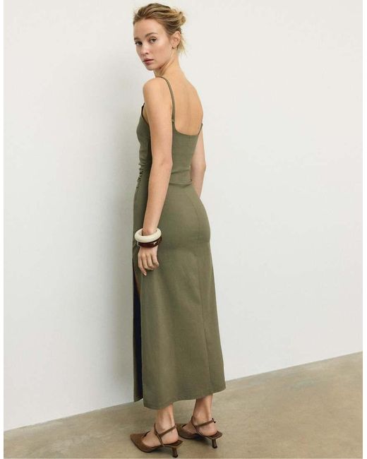 Stradivarius Green Bengaline Midi Dress With Square Neckline