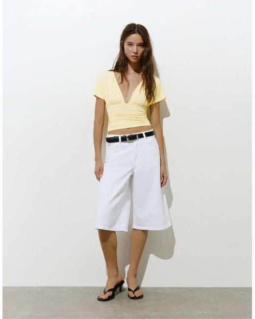 Pull&Bear White Gathered V-Neck Top