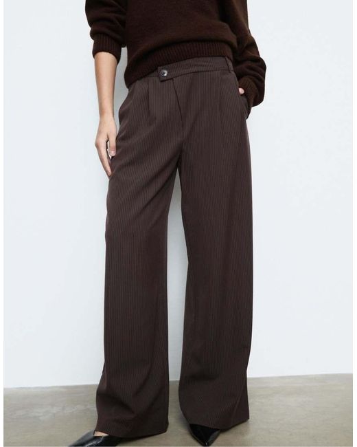 Stradivarius Brown Casual Striped Smart Trousers With Crossover Waist