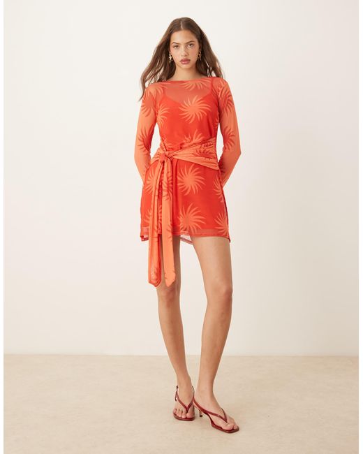 Never Fully Dressed Orange – langärmliges minikleid aus netzstoff