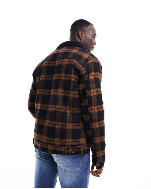 Threadbare Black Tall Check Jacket With Borg Collar And Lining for men