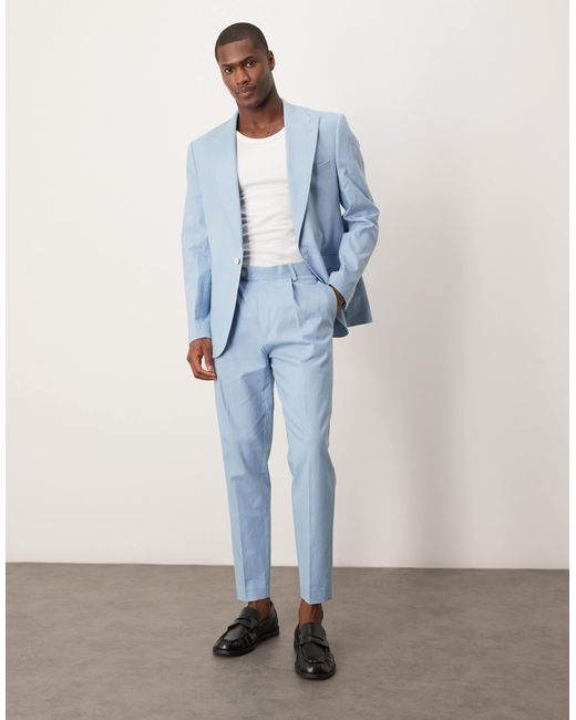 ASOS Blue Linen Blend Tapered Suit Chino Trousers for men