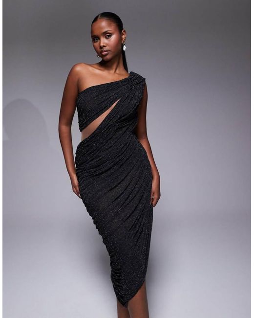 JLUXLABEL Blue Aura One Shoulder Draped Cut Out Asymmetric Midi Dress