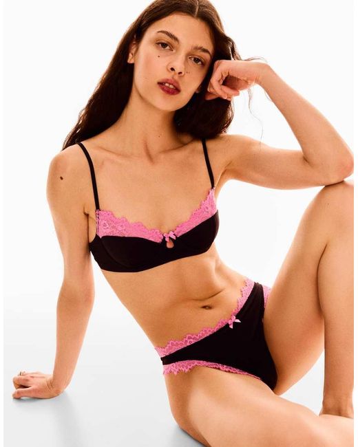 Bershka Black Contrast Lace Thong