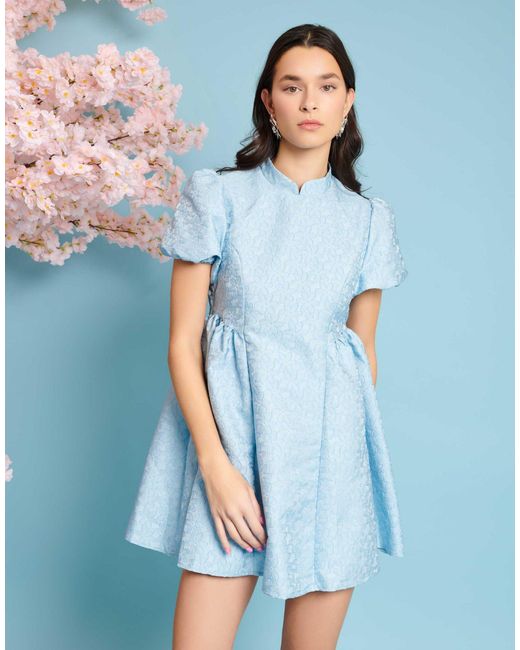 Sister Jane Blue Puff Sleeve Jacquard Mini Dress