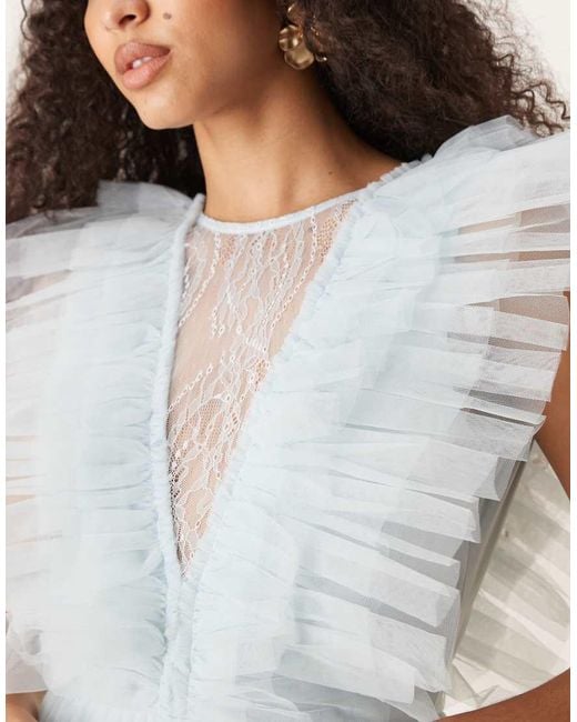 LACE & BEADS Maxi Jurk Van Tule Met Kanten Inzetstukken in het Blue