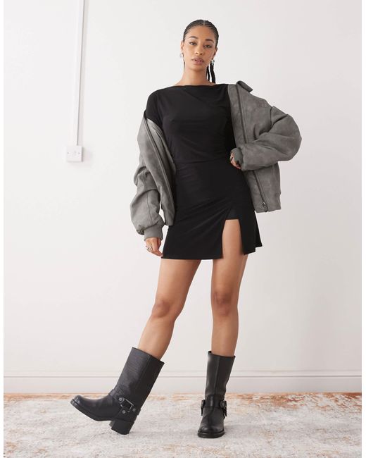 slouchy black mini dress Slouchy Off The Shoulder Cinched Waist Mini Dress