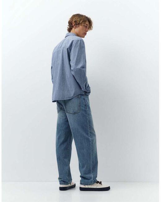 Pull&Bear Blue Striped Long Sleeve Shirt for men