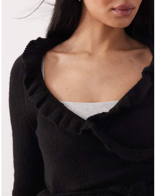 Mango Black V Neck Cardigan With Frill Detail