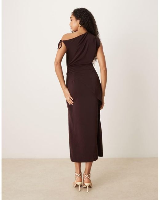 ASOS Natural Fallen Shoulder Tie Detail Slinky Midi Dress