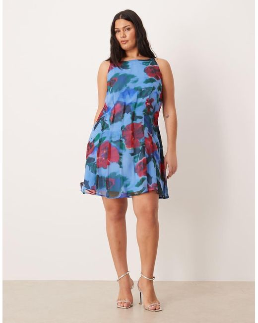 ASOS Blue Asos Design Curve Slash Neck Seamed Godet Mini Dress