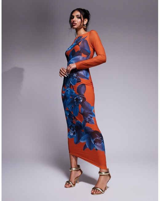 DASKA Blue Fitted Maxi Dress With Placement Print