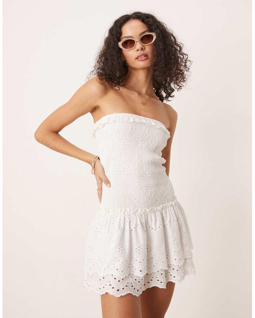 Iisla & Bird Natural Broderie Ruched Bandeau Mini Beach Dress