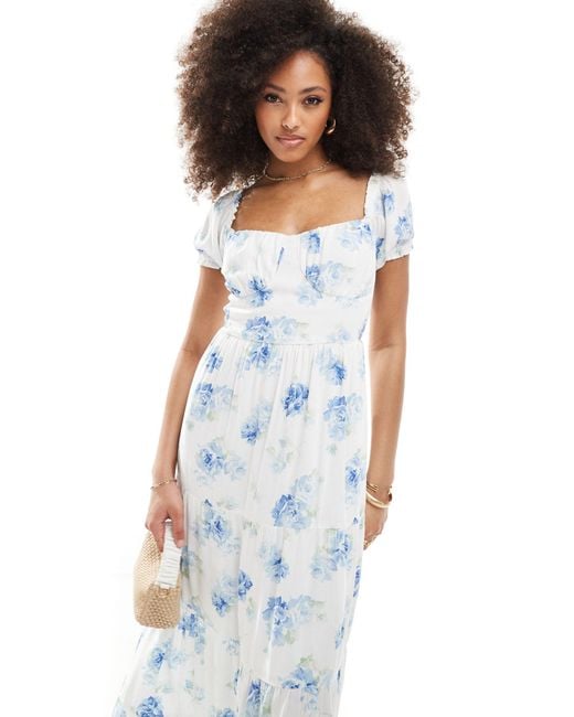 Hollister Blue Ruched Bust Floral Maxi Dress With Cut Out Back