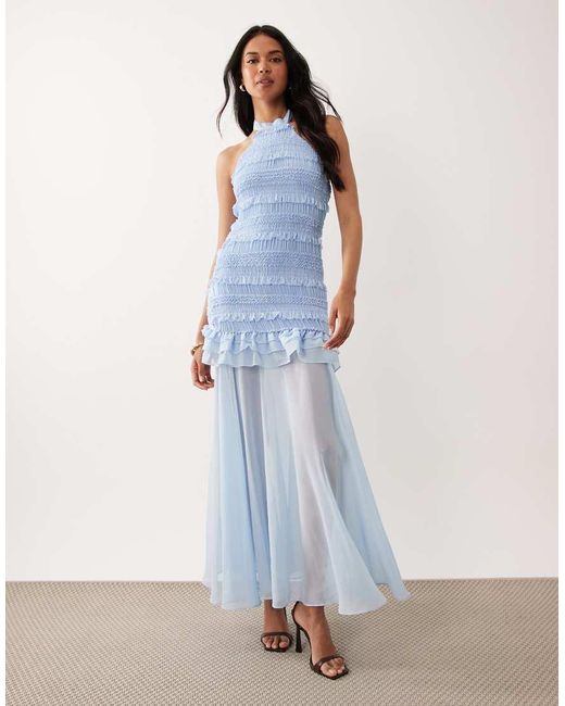 TFNC London Blue Shirred Chiffon Ruffle Sheer Skirt Maxi Dress