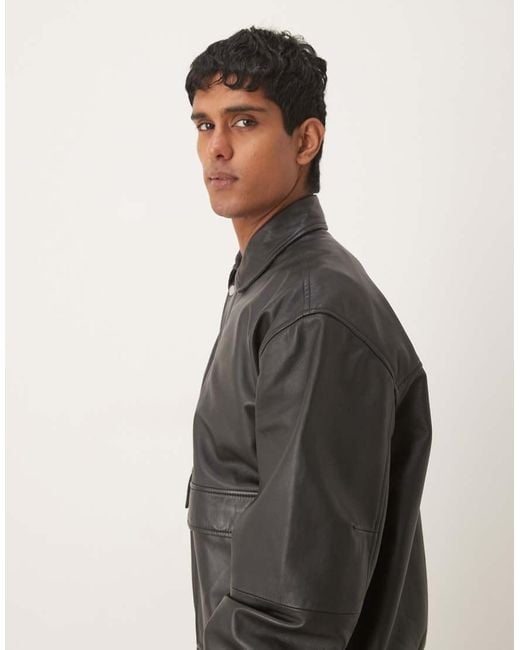 ASOS Gray Oversized Real Leather Bomber Jacket for men