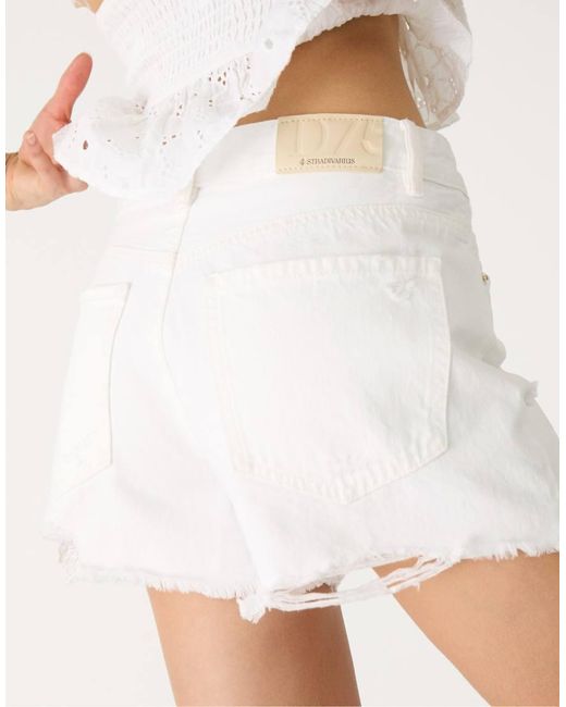 Stradivarius White D75 Ripped Denim Shorts
