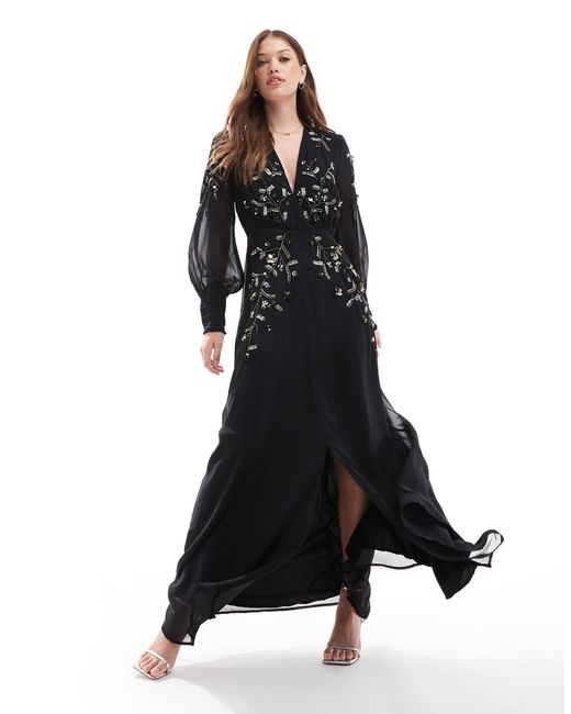 Hope & Ivy Black Embellished Maxi Dress With Long Sleeves