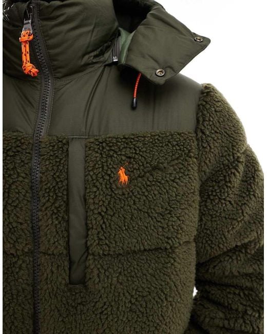 Polo Ralph Lauren Green Icon Logo Detatchable Hood Sherpa Borg Puffer Jacket for men