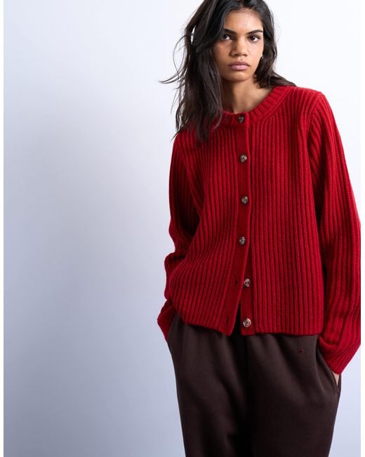 TOPSHOP Red Knitted Ribbed Crew Relaxed Button Cardigan