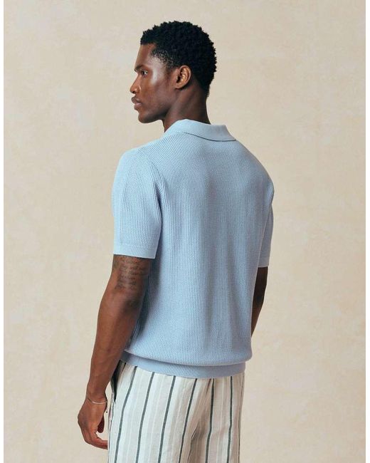 Mango Blue 100% Cotton Knitted Revere Neck Short Sleeve Sweater for men