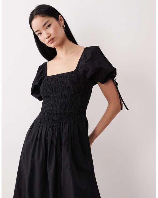 Wednesday's Girl Black Shirred Detail Midaxi Smock Dress
