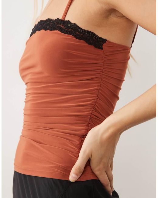 ASOS Red Lace Trim Cami With Ruched Waist