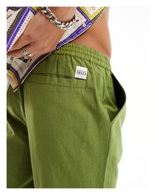 Native Youth Green Straight Leg Linen Mix Trousers for men