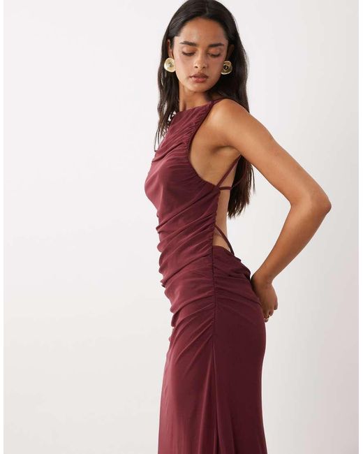 ASOS Brown Printed Mesh Slash Neck Gathered Detail Maxi Dress