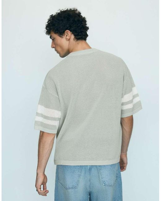 Bershka White Embroidered Mesh V-neck T-shirt for men