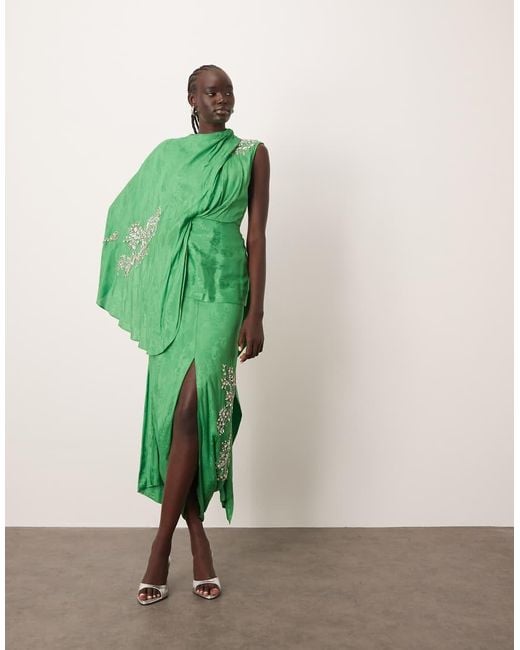ARRANGE Green Encrusted Motif Cape Sleeve Decon Midi Dress