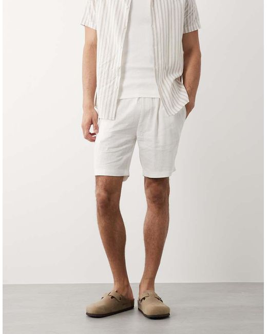 Threadbare White Linen Mix Drawstring Waist Shorts for men