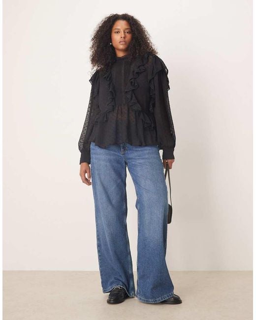 ASOS Black Asos Design Curve Ruffle And Embroidery Detail Long Sleeve Blouse
