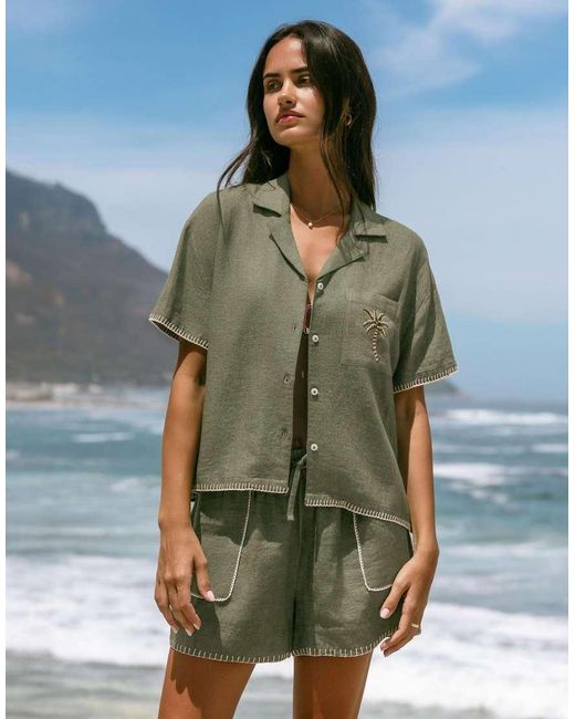 Chelsea Peers Green Linen-Blend Embroidered Short Sleeve Shirt