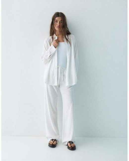 Pull&Bear White Linen Blend Long Sleeve Shirt